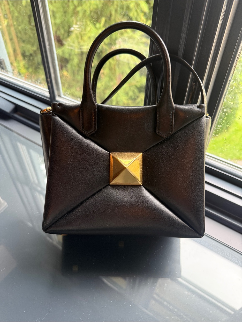 Valentino Black Mini Leather Tote with Gold Pyramid Accent